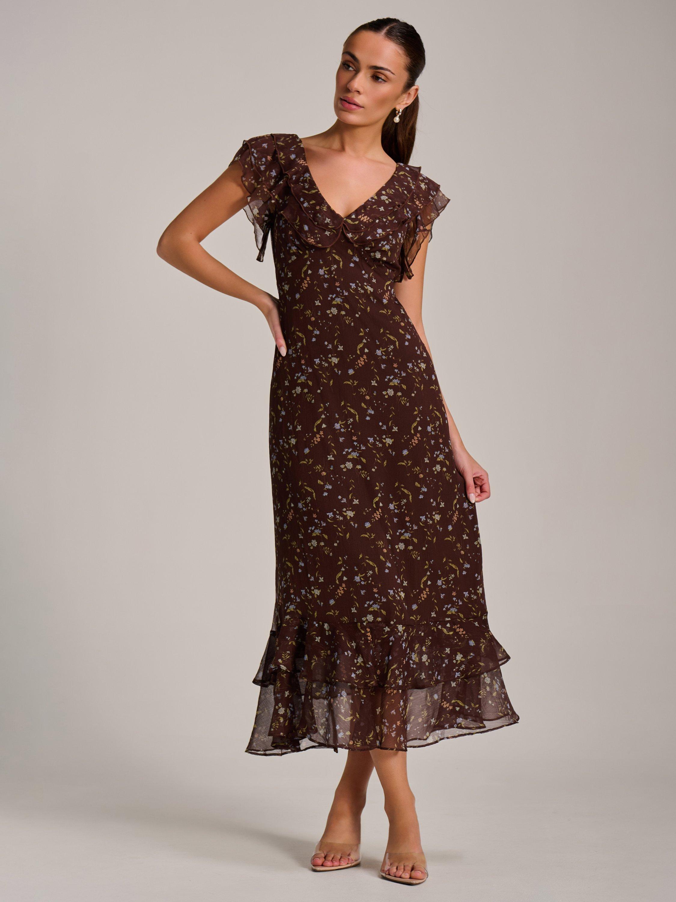 Product image 1 of 6, which shows Jolie Moi Ruffle Neck Midaxi Dress, Brown Multi, 8