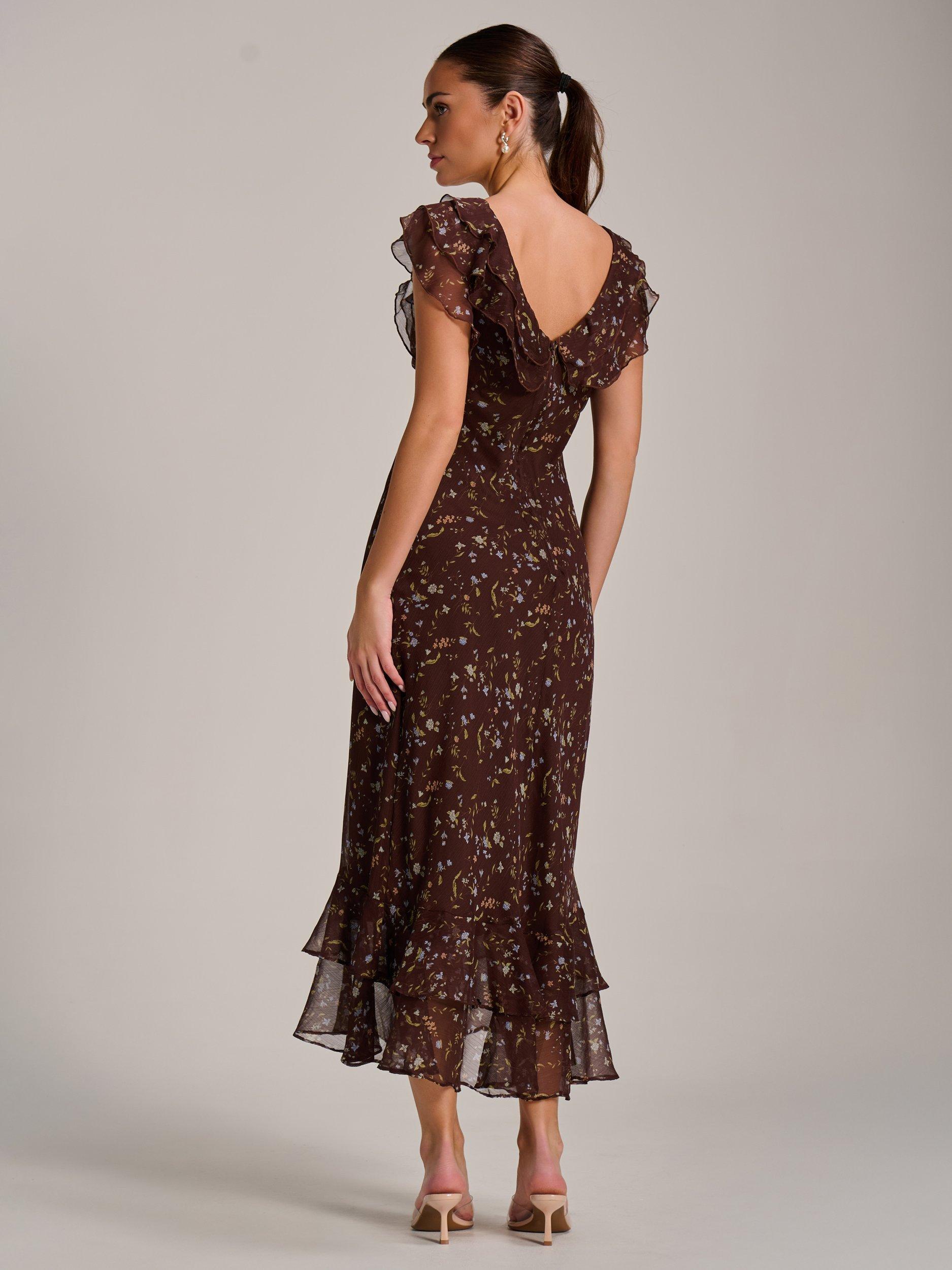 Product image 2 of 6, which shows Jolie Moi Ruffle Neck Midaxi Dress, Brown Multi, 8