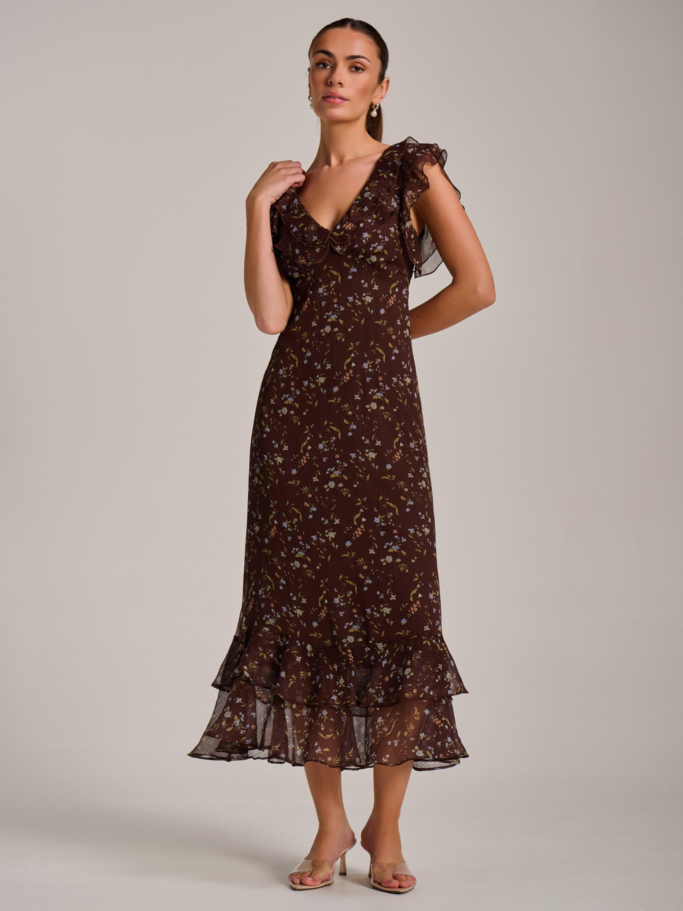 Product image 3 of 6, which shows Jolie Moi Ruffle Neck Midaxi Dress, Brown Multi, 8