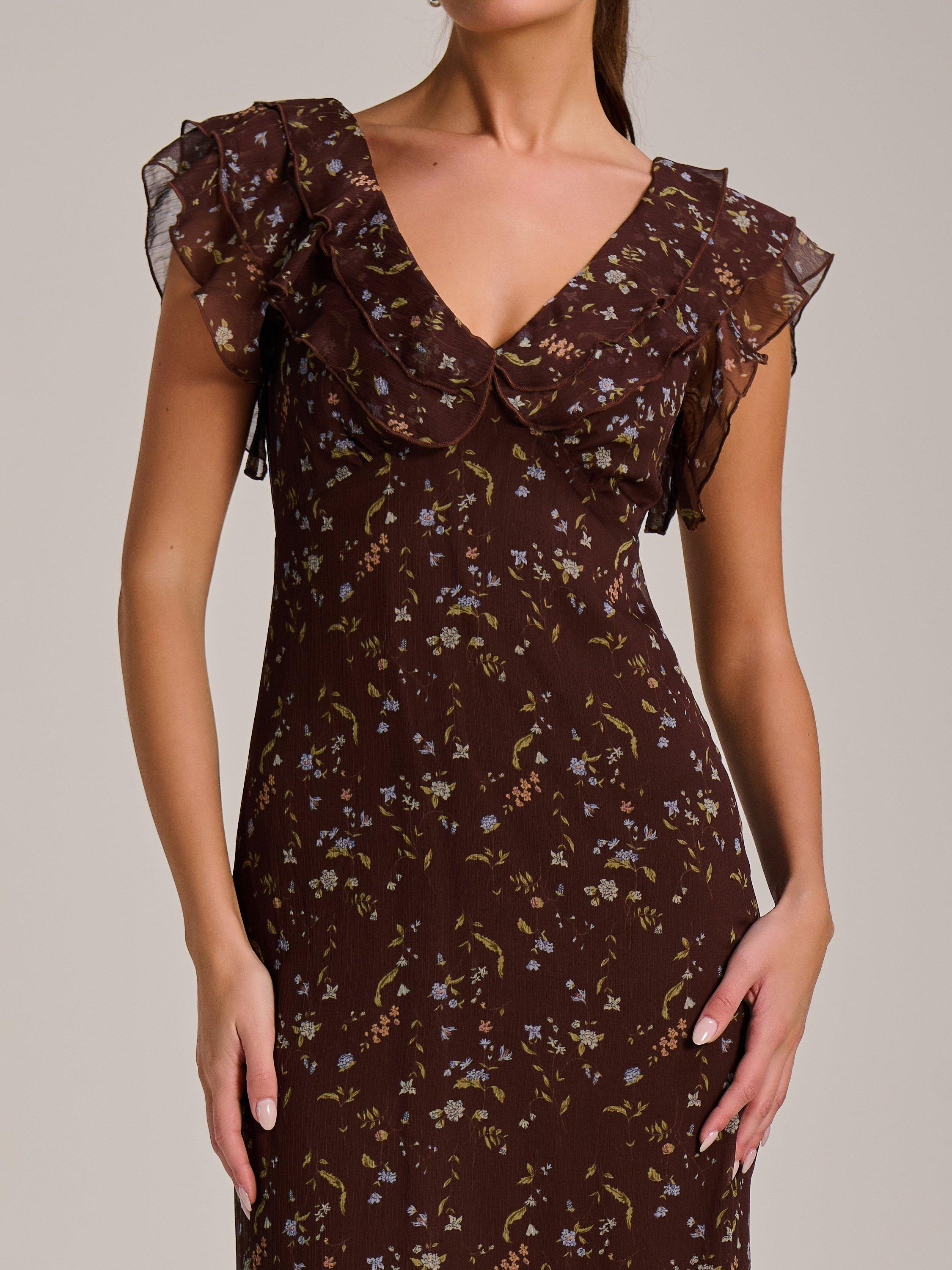 Product image 4 of 6, which shows Jolie Moi Ruffle Neck Midaxi Dress, Brown Multi, 8