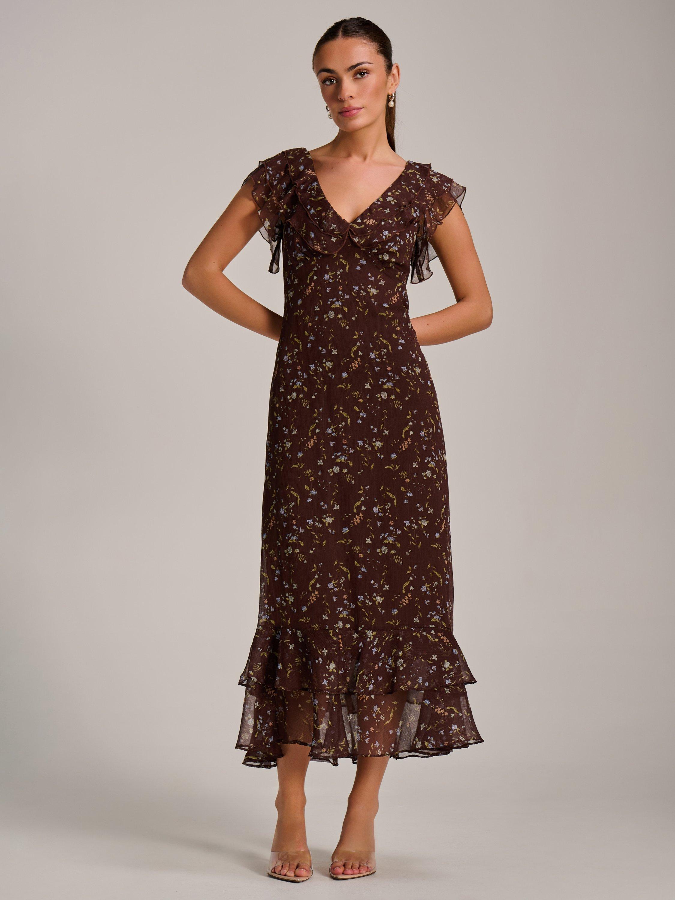 Product image 5 of 6, which shows Jolie Moi Ruffle Neck Midaxi Dress, Brown Multi, 8