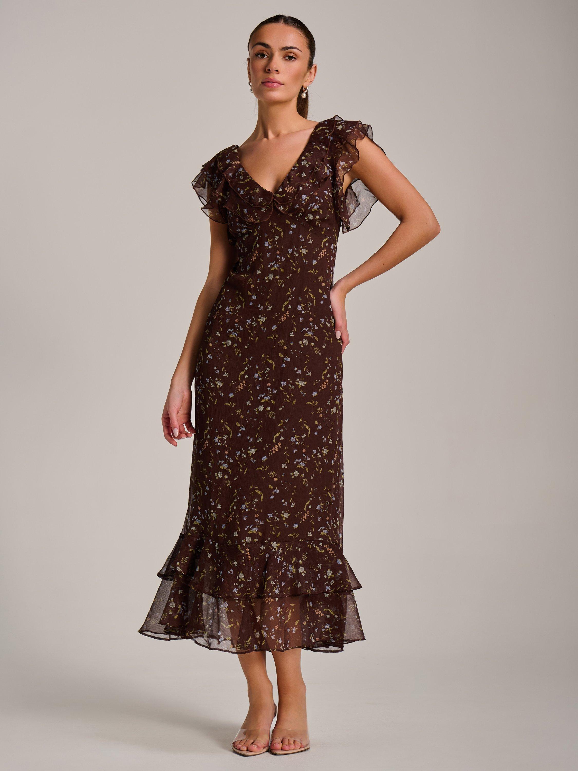 Product image 6 of 6, which shows Jolie Moi Ruffle Neck Midaxi Dress, Brown Multi, 8