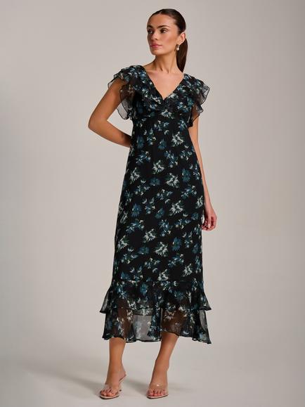 Jolie Moi Floral Ruffle Neck Midaxi Dress, Navy Multi, Navy Multi