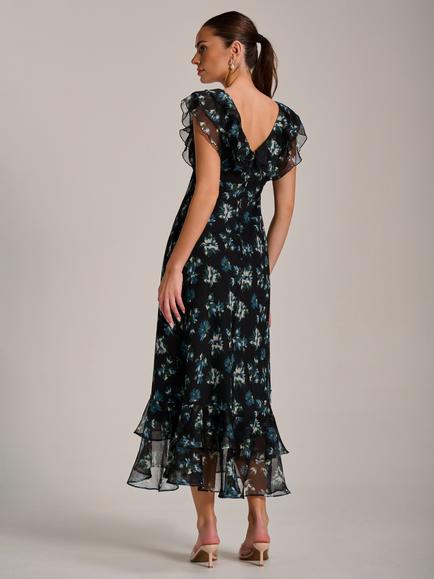 Jolie Moi Floral Ruffle Neck Midaxi Dress, Navy Multi - view 2, Navy Multi