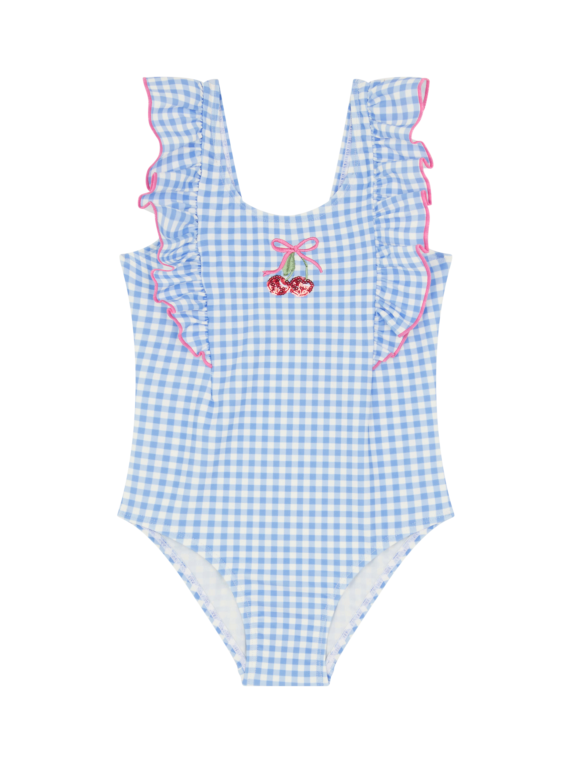 Product image 1 of 3, which shows Angels by Accessorize Kids' Embellished Cherry Gingham Swimsuit, Blue, 3-4 years