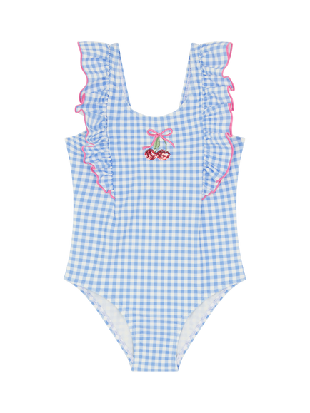 Angels by Accessorize Kids' Embellished Cherry Gingham Swimsuit, Blue, Blue
