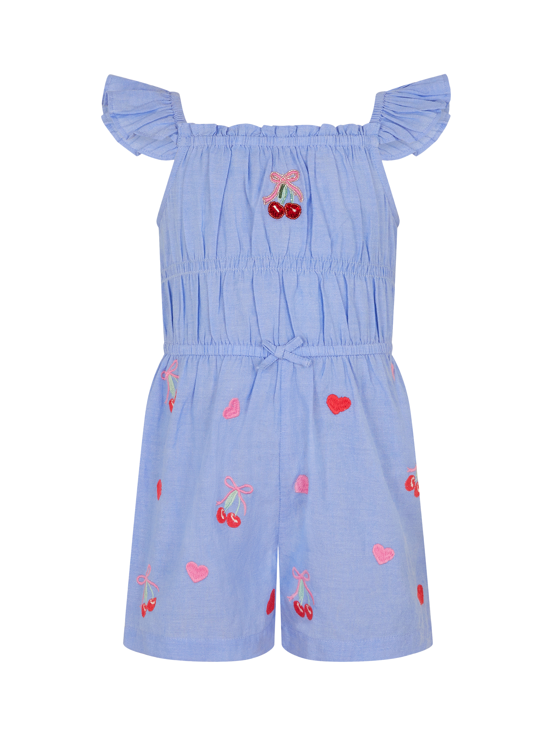 Product image 1 of 2, which shows Angels by Accessorize Kids' Embroidered Cherry Heart Playsuit, Blue, 3-4 years