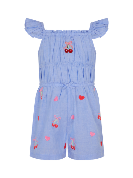 Angels by Accessorize Kids' Embroidered Cherry Heart Playsuit, Blue, Blue