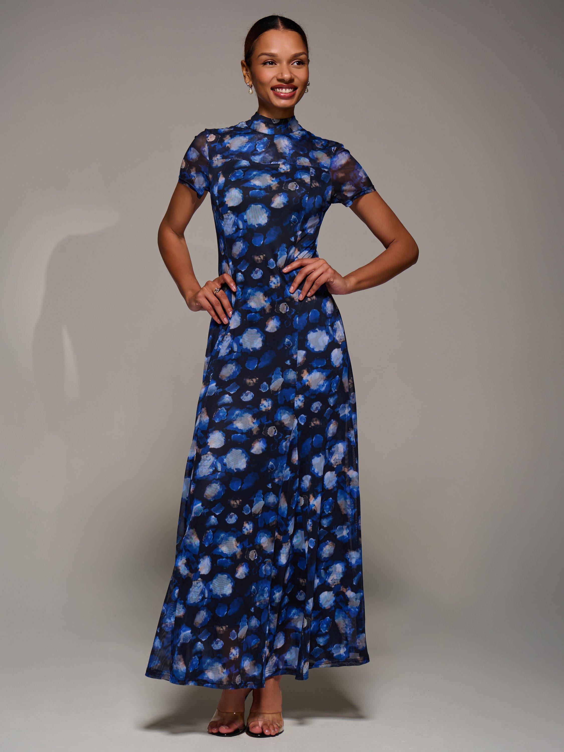 Product image 1 of 6, which shows Jolie Moi Turtle Neck Maxi Dress, Blue Abstract, 8