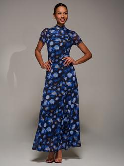 Jolie Moi Turtle Neck Maxi Dress, Blue Abstract, Blue Abstract