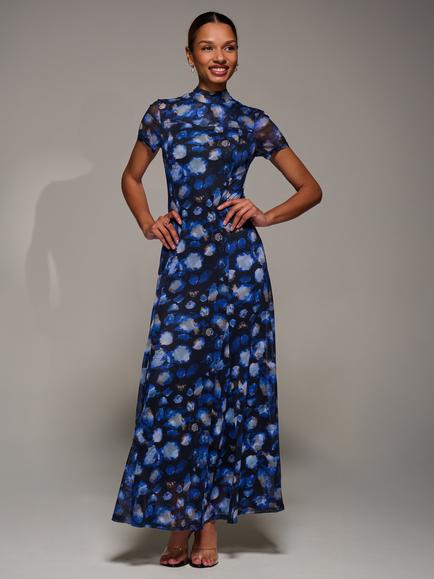 Jolie Moi Turtle Neck Maxi Dress, Blue Abstract, Blue Abstract