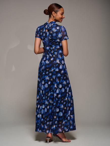 Jolie Moi Turtle Neck Maxi Dress, Blue Abstract - view 2, Blue Abstract