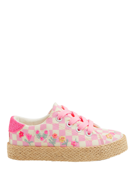 Angels by Accessorize Kids' Floral Check Lace-Up Trainers, Pink, Pink