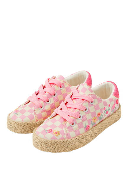 Angels by Accessorize Kids' Floral Check Lace-Up Trainers, Pink - view 2, Pink