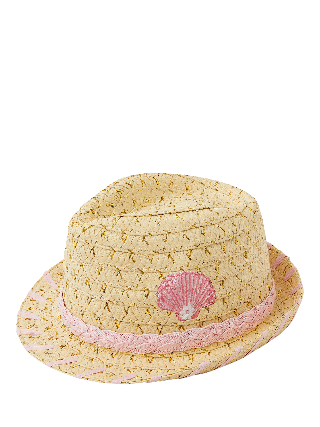 Product image 1 of 3, which shows Angels by Accessorize Kids' Seashell Straw Trilby Hat, Natural, 3-6 years