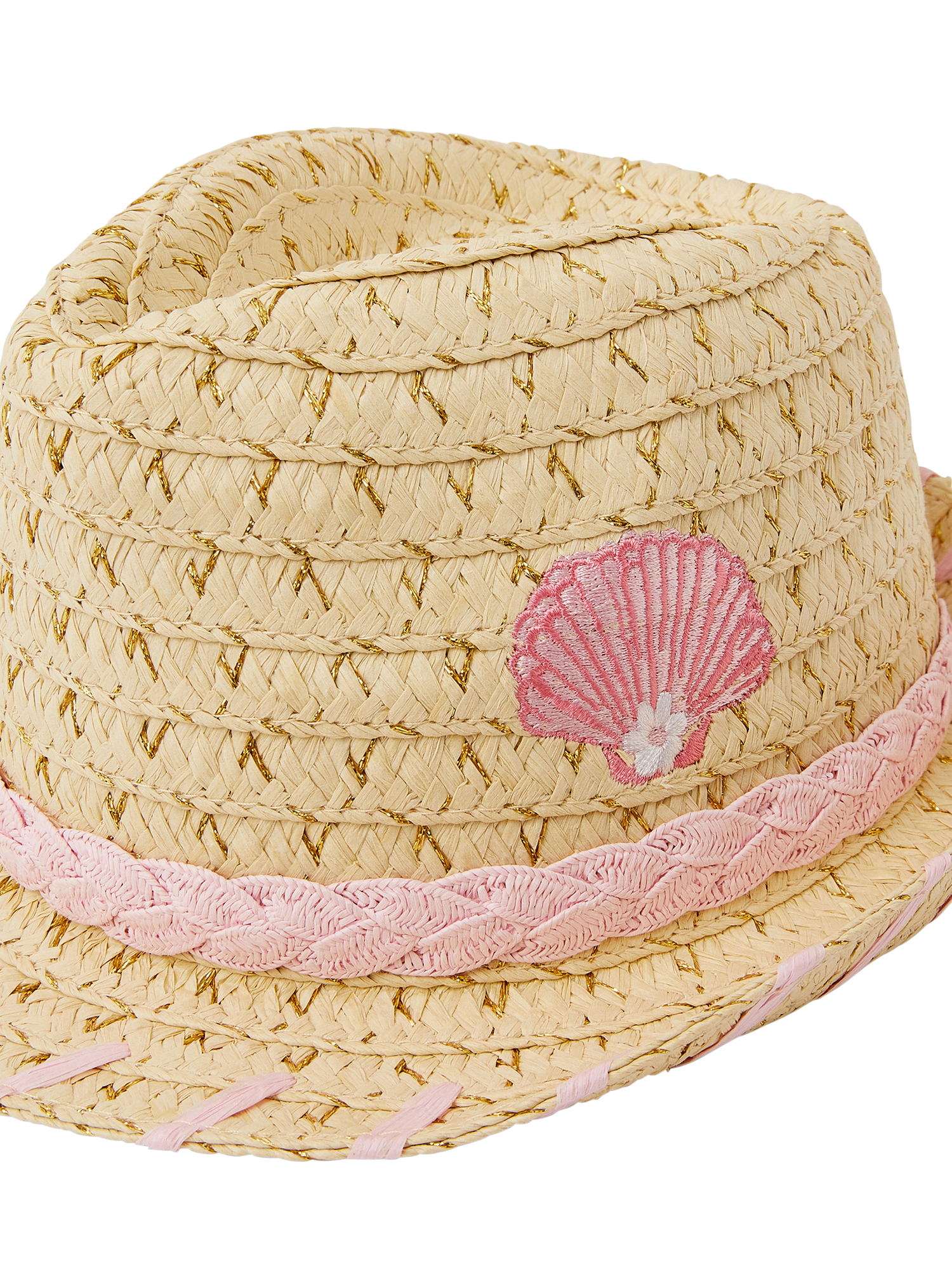 Product image 3 of 3, which shows Angels by Accessorize Kids' Seashell Straw Trilby Hat, Natural, 3-6 years