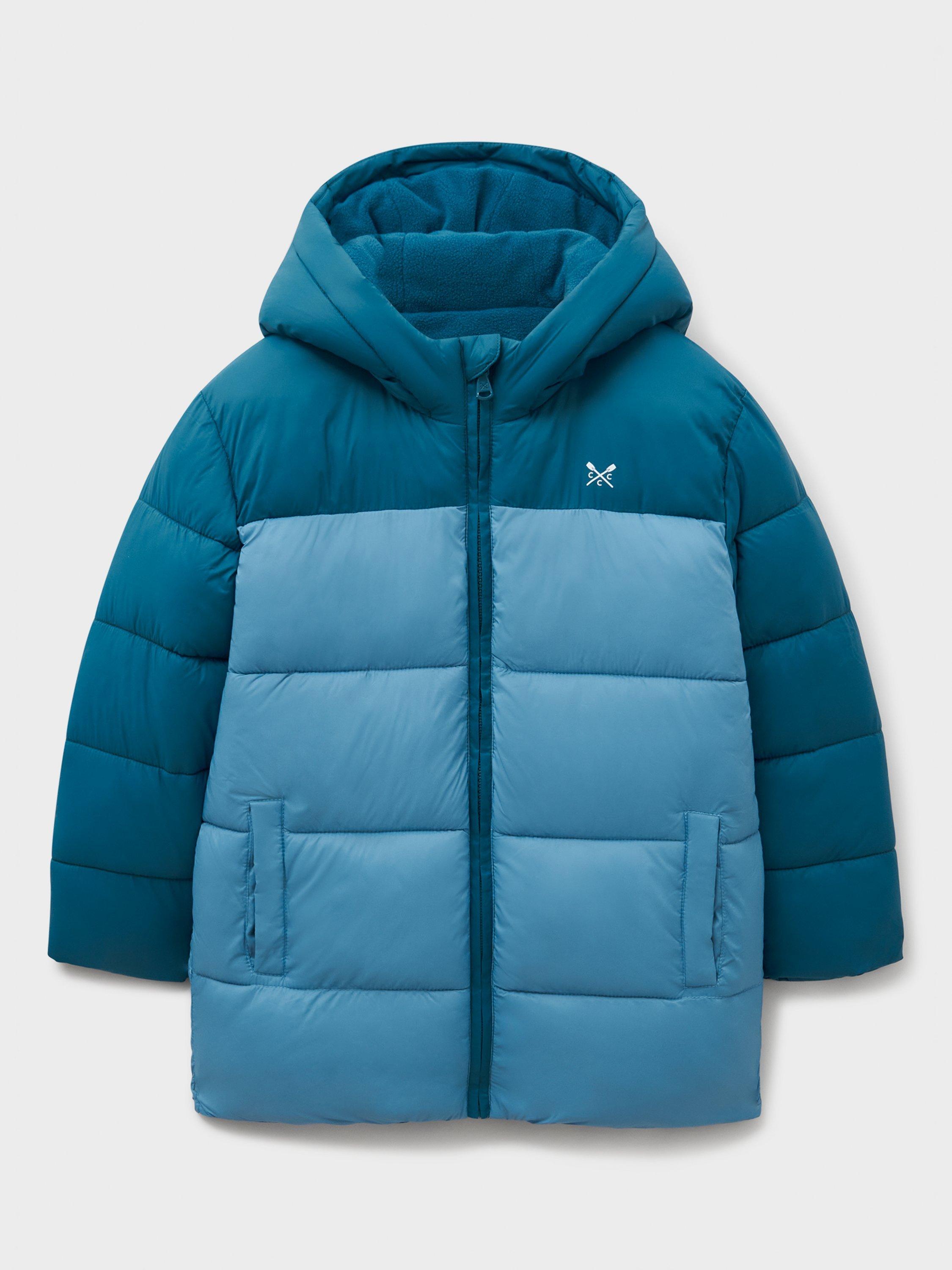 Product image 1 of 3, which shows Crew Clothing Kids' Colour Block Puffer Jacket, Teal Blue, 3-4 years
