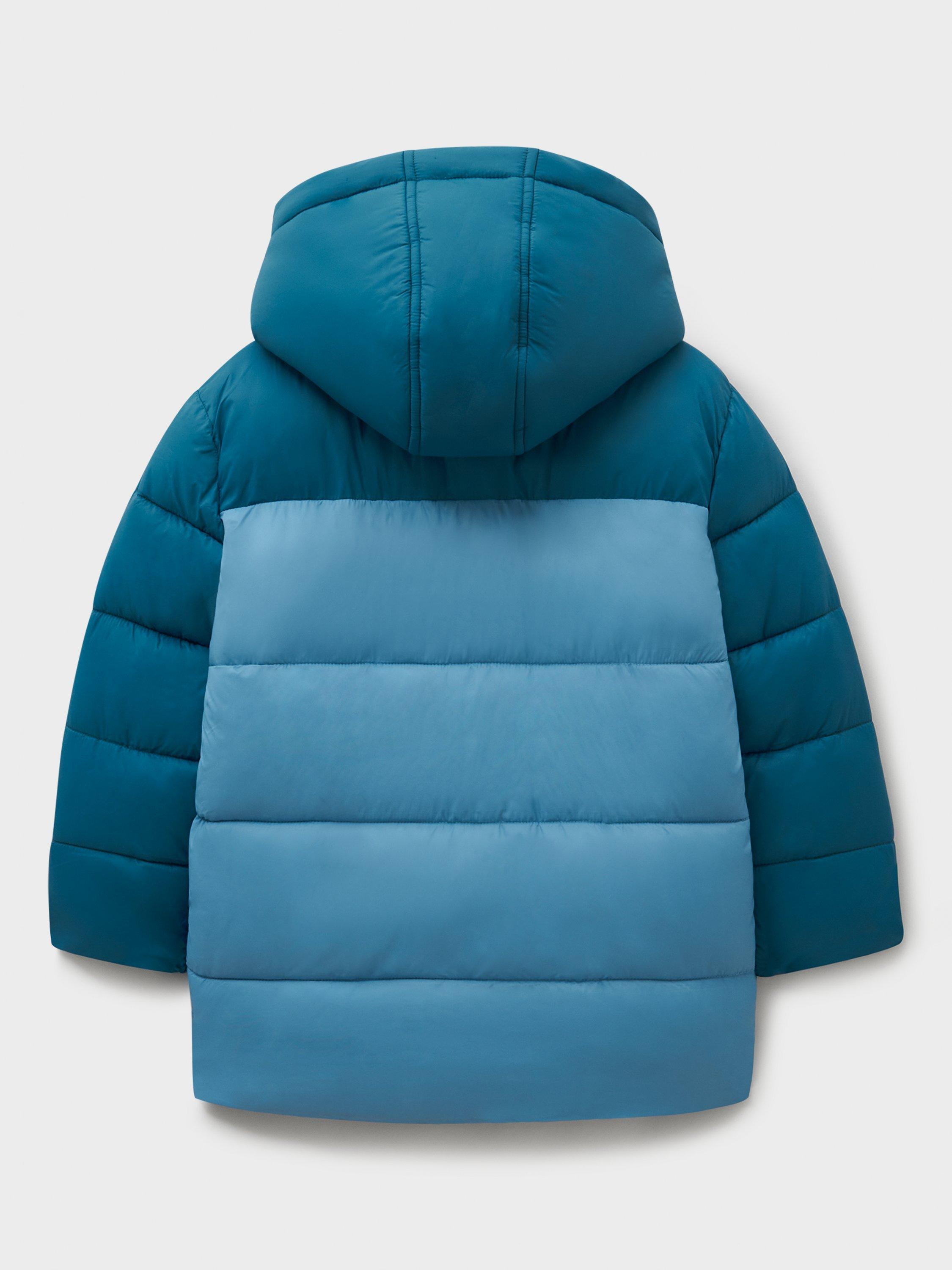 Product image 2 of 3, which shows Crew Clothing Kids' Colour Block Puffer Jacket, Teal Blue, 3-4 years