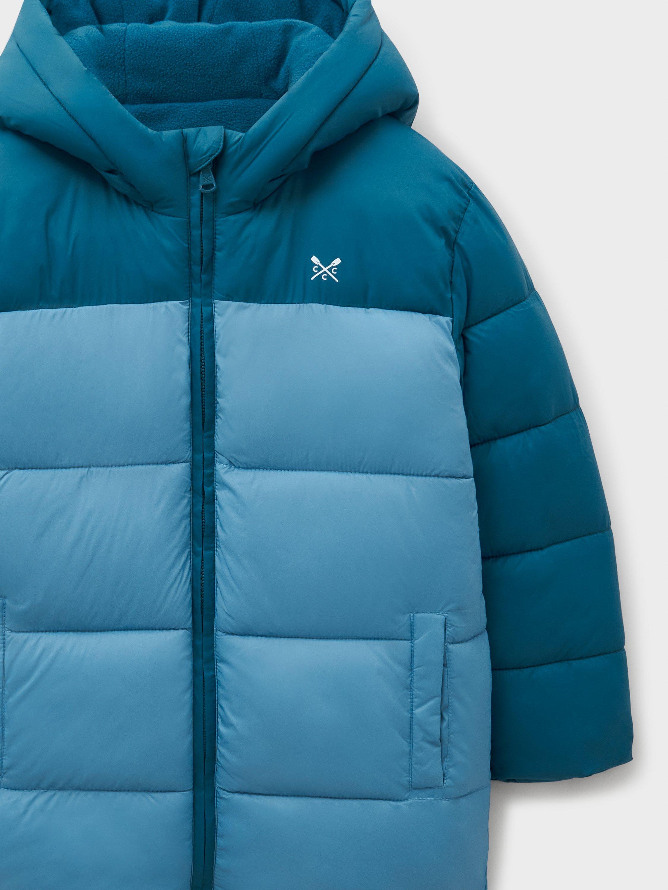 Product image 3 of 3, which shows Crew Clothing Kids' Colour Block Puffer Jacket, Teal Blue, 3-4 years