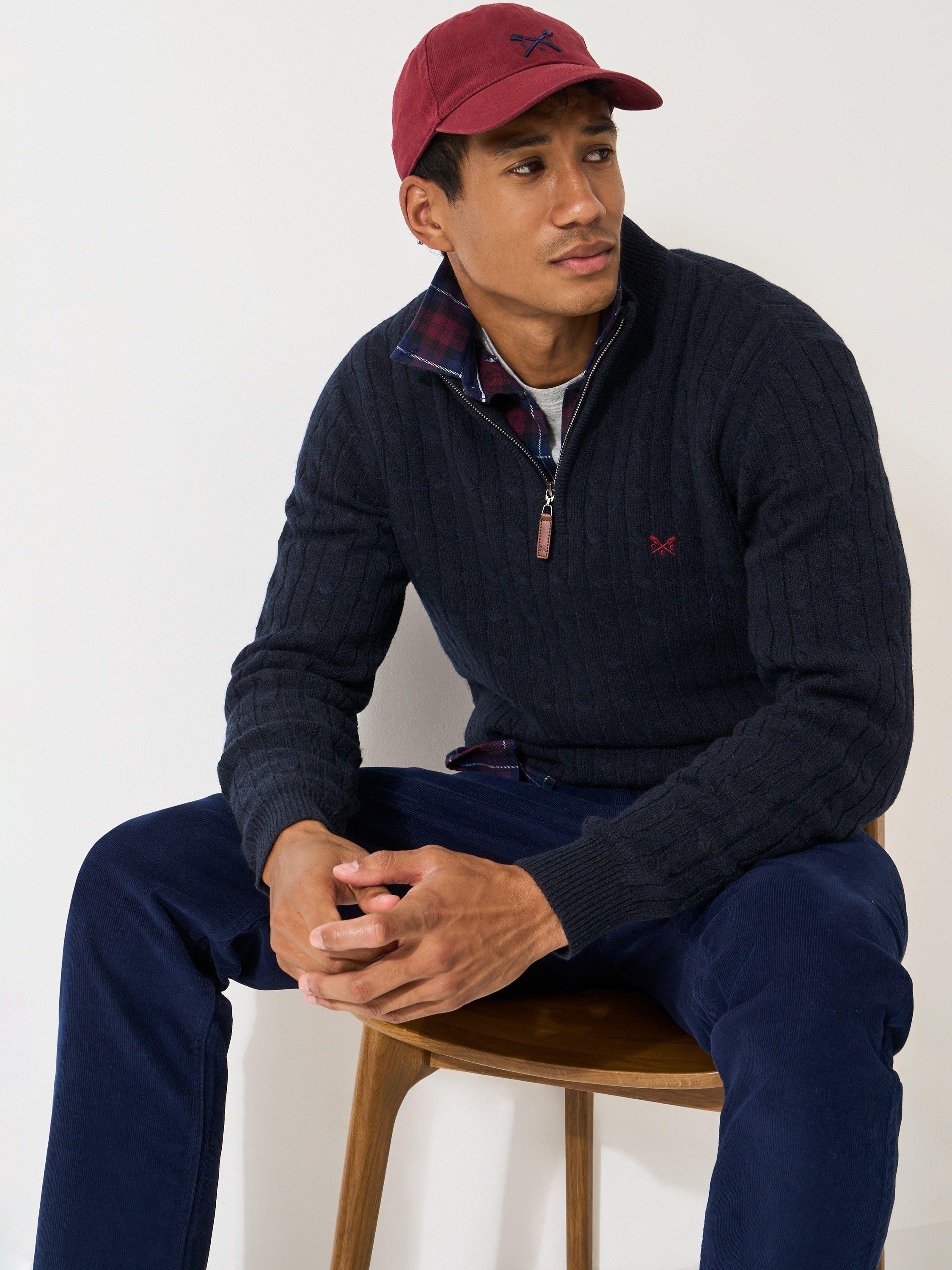 Product image 1 of 5, which shows Crew Clothing Half Zip Lambswool Blend Cable Knit Jumper, Navy, L