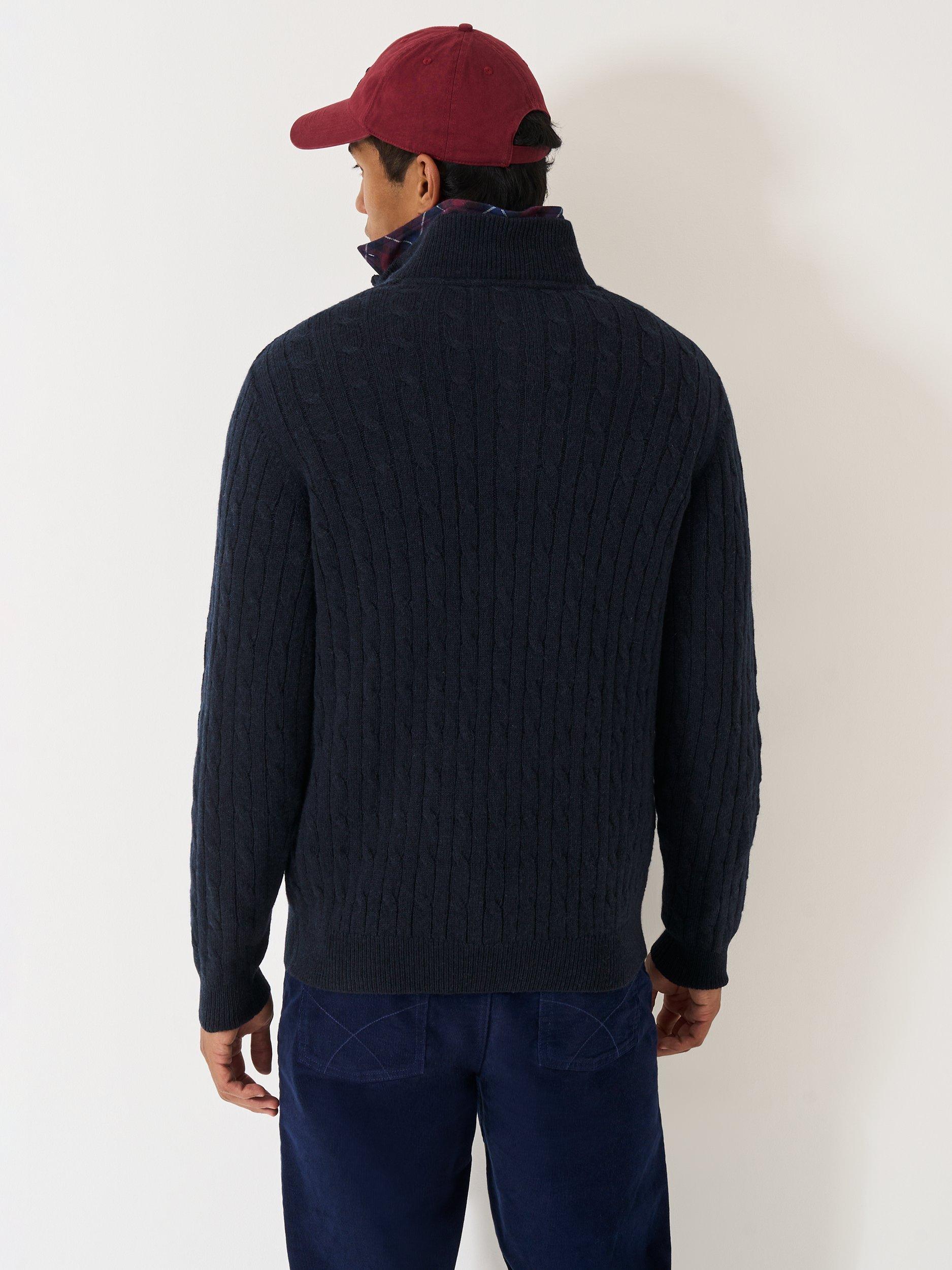 Product image 2 of 5, which shows Crew Clothing Half Zip Lambswool Blend Cable Knit Jumper, Navy, L
