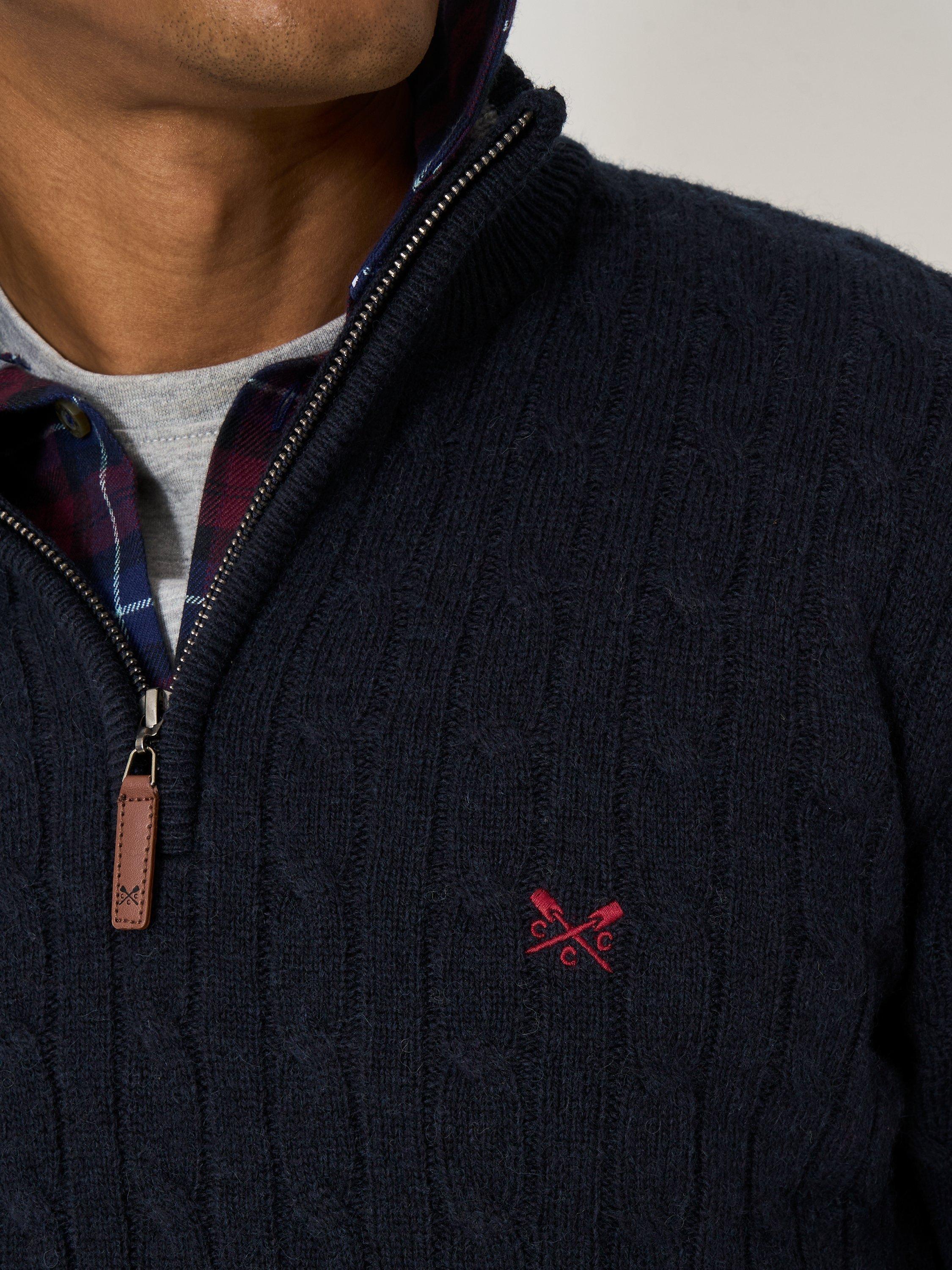 Product image 4 of 5, which shows Crew Clothing Half Zip Lambswool Blend Cable Knit Jumper, Navy, L