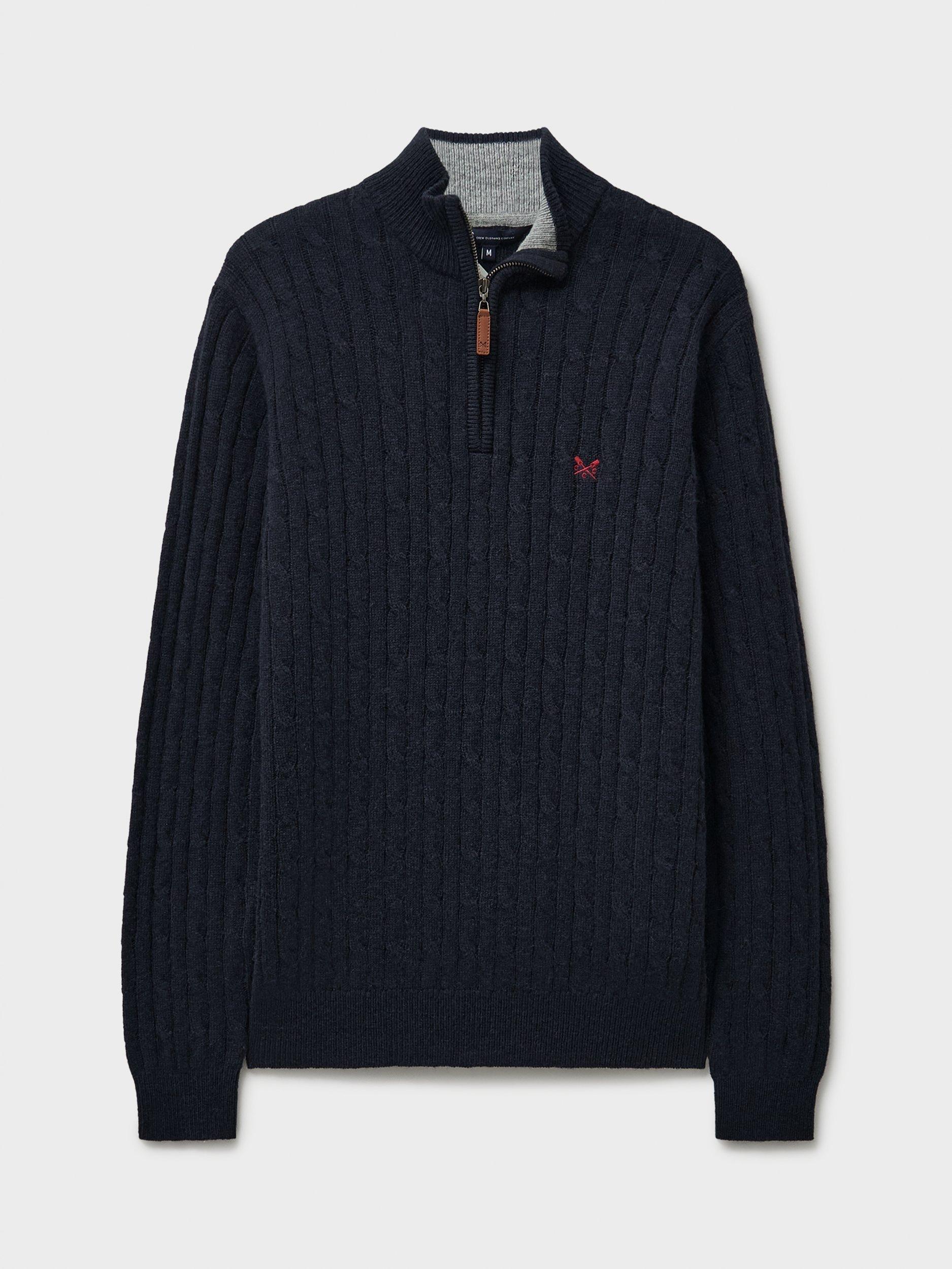 Product image 5 of 5, which shows Crew Clothing Half Zip Lambswool Blend Cable Knit Jumper, Navy, L