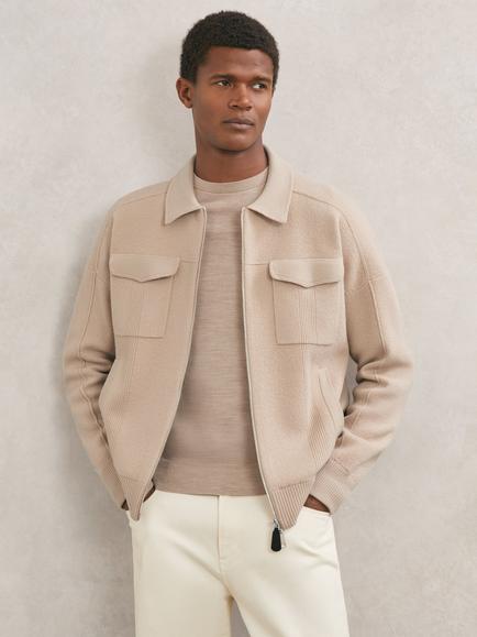 Reiss Calder Boiled Wool Twin Pocket Cardigan, Soft Camel Brown