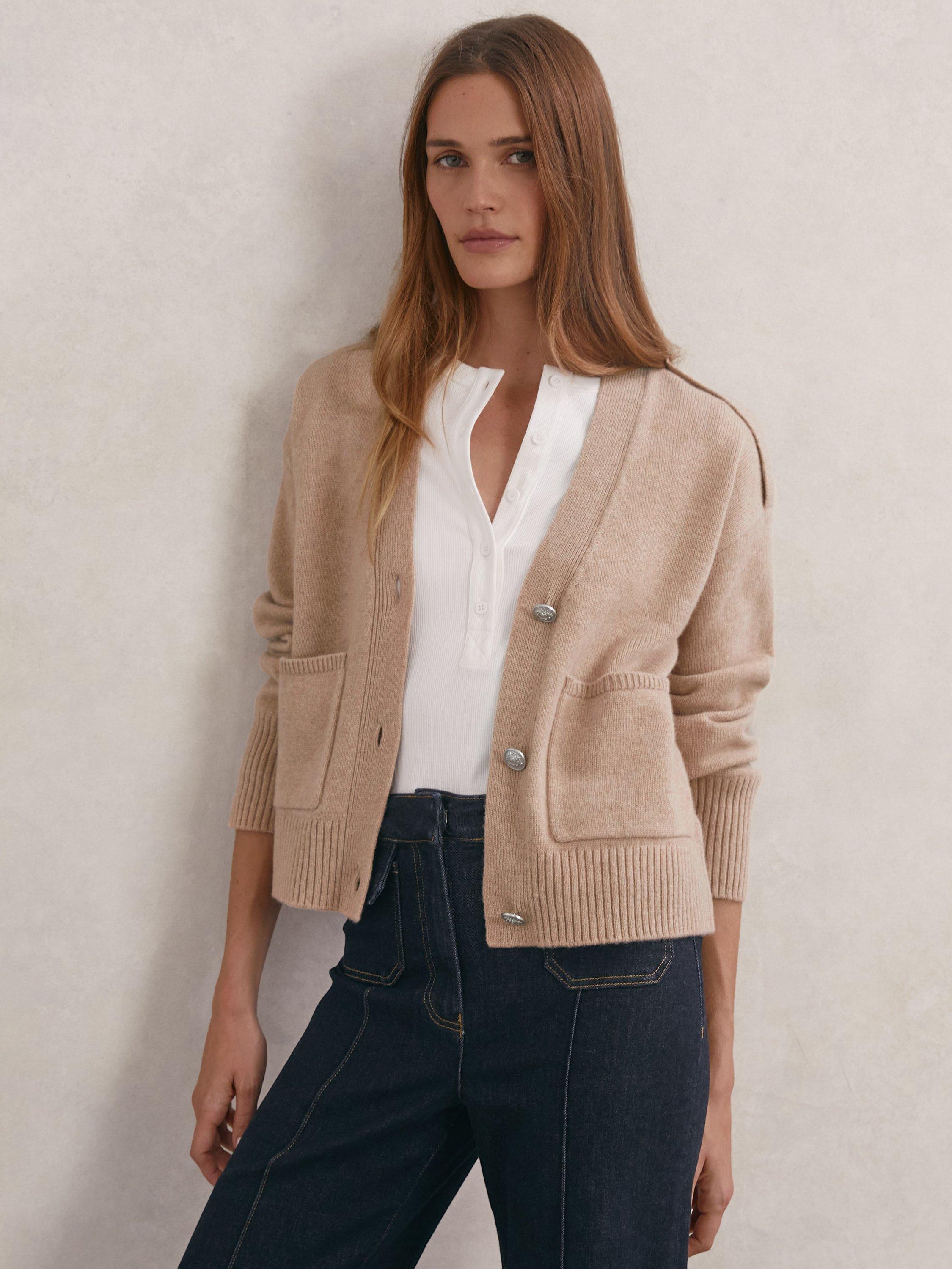 Product image 3 of 5, which shows Reiss Maya Wool Rich Cardigan, Beige Neutral, XS