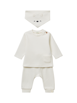 Benetton Baby Cotton Top & Joggers with Bib Set, White
