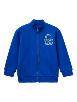 Benetton Kids' Cotton High Neck Zipped Sweatshirt, Blue, Blue