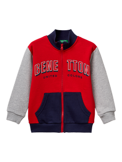 Benetton Kids' Cotton High Neck Zipped Colour Block Sweatshirt, Multi, Multi