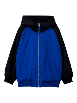 Benetton Kids' Raglan Sleeve Hooded Zipped Jacket, Black/Cobalt, Black/Cobalt