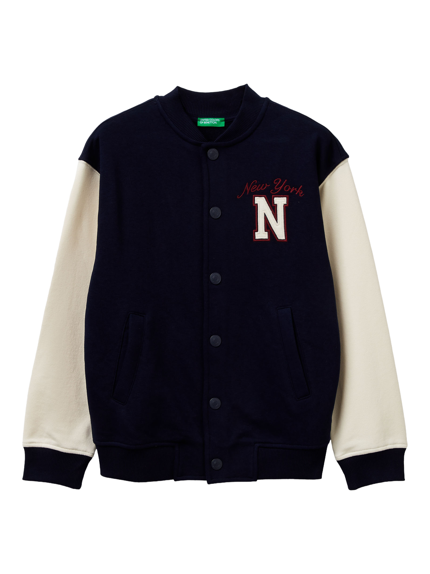 Product image 1 of 3, which shows Benetton Kids' Fleece Contrast Bomber Jacket, Blue, 6-7 years
