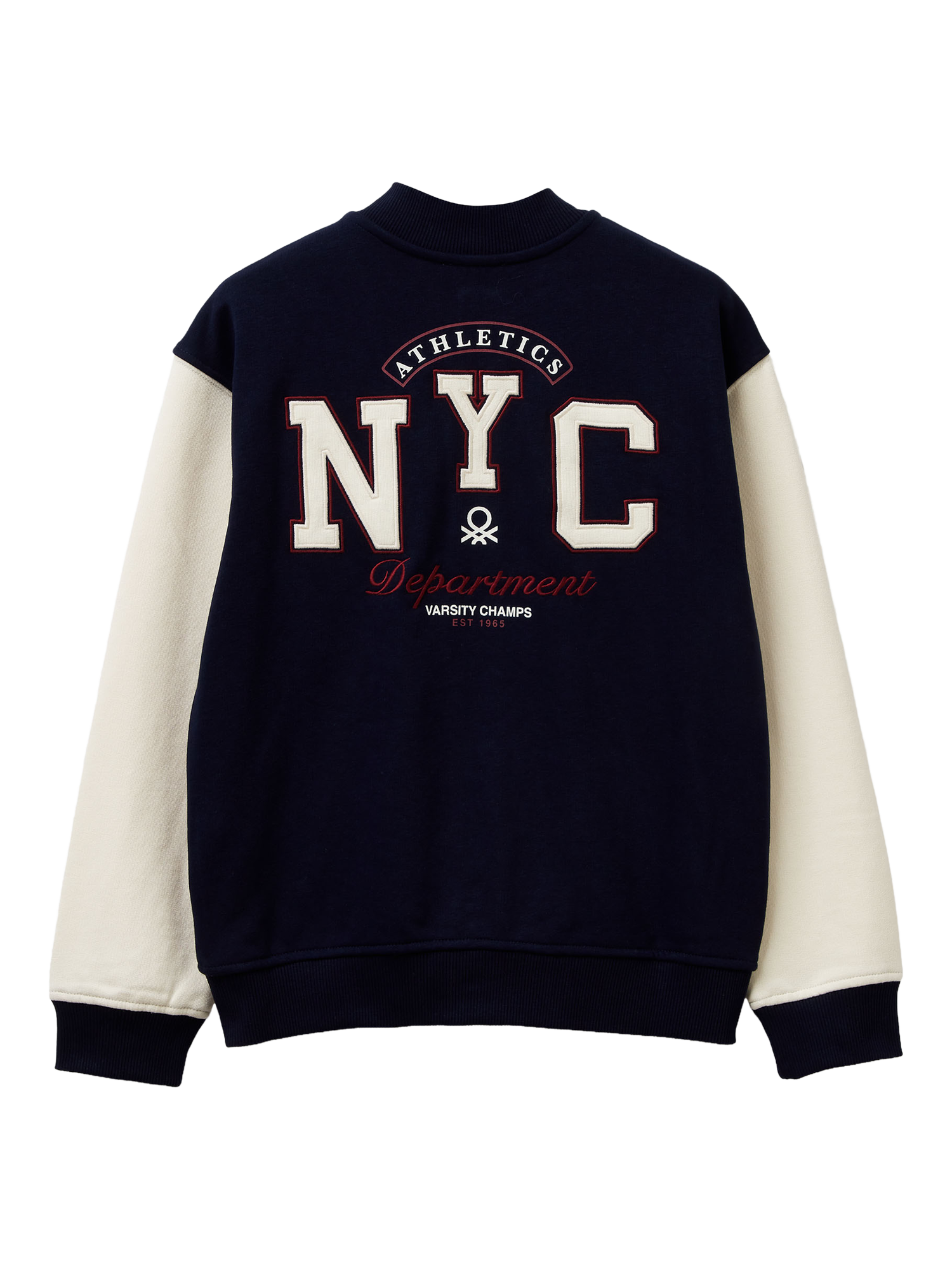 Product image 2 of 3, which shows Benetton Kids' Fleece Contrast Bomber Jacket, Blue, 6-7 years