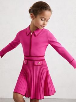 Reiss Kids' Anne Pleated Tipped Knit Dress, Bright Pink, Bright Pink