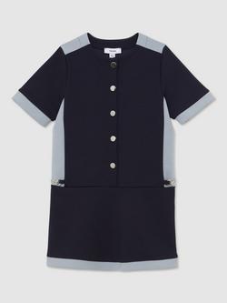 Reiss Kids' Levi Premium Interlock Colour Block Button Dress, Navy - view 2, Navy