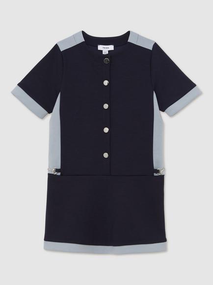 Reiss Kids' Levi Premium Interlock Colour Block Button Dress, Navy - view 2, Navy