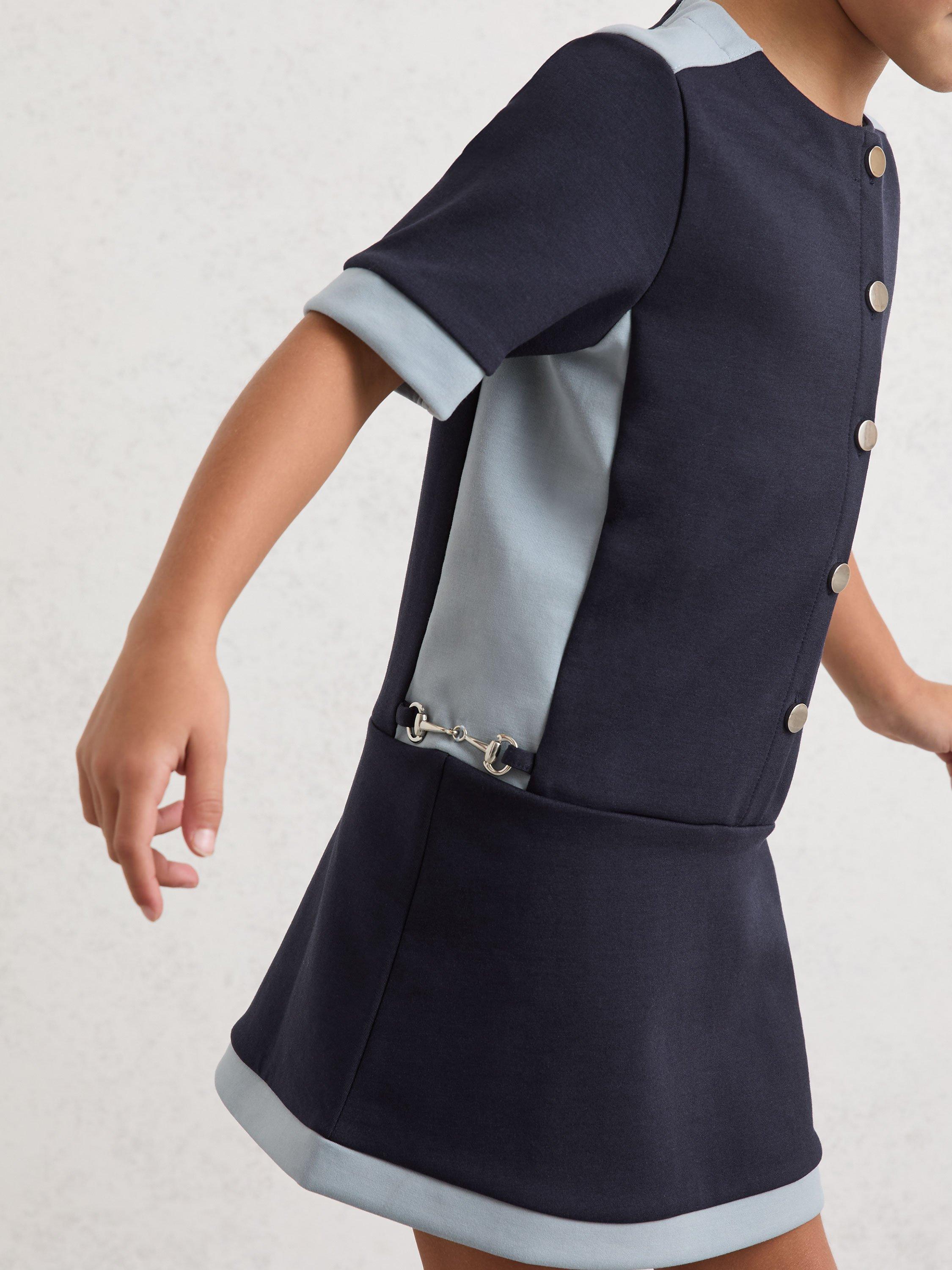 Product image 3 of 4, which shows Reiss Kids' Levi Premium Interlock Colour Block Button Dress, Navy, 3-4 years