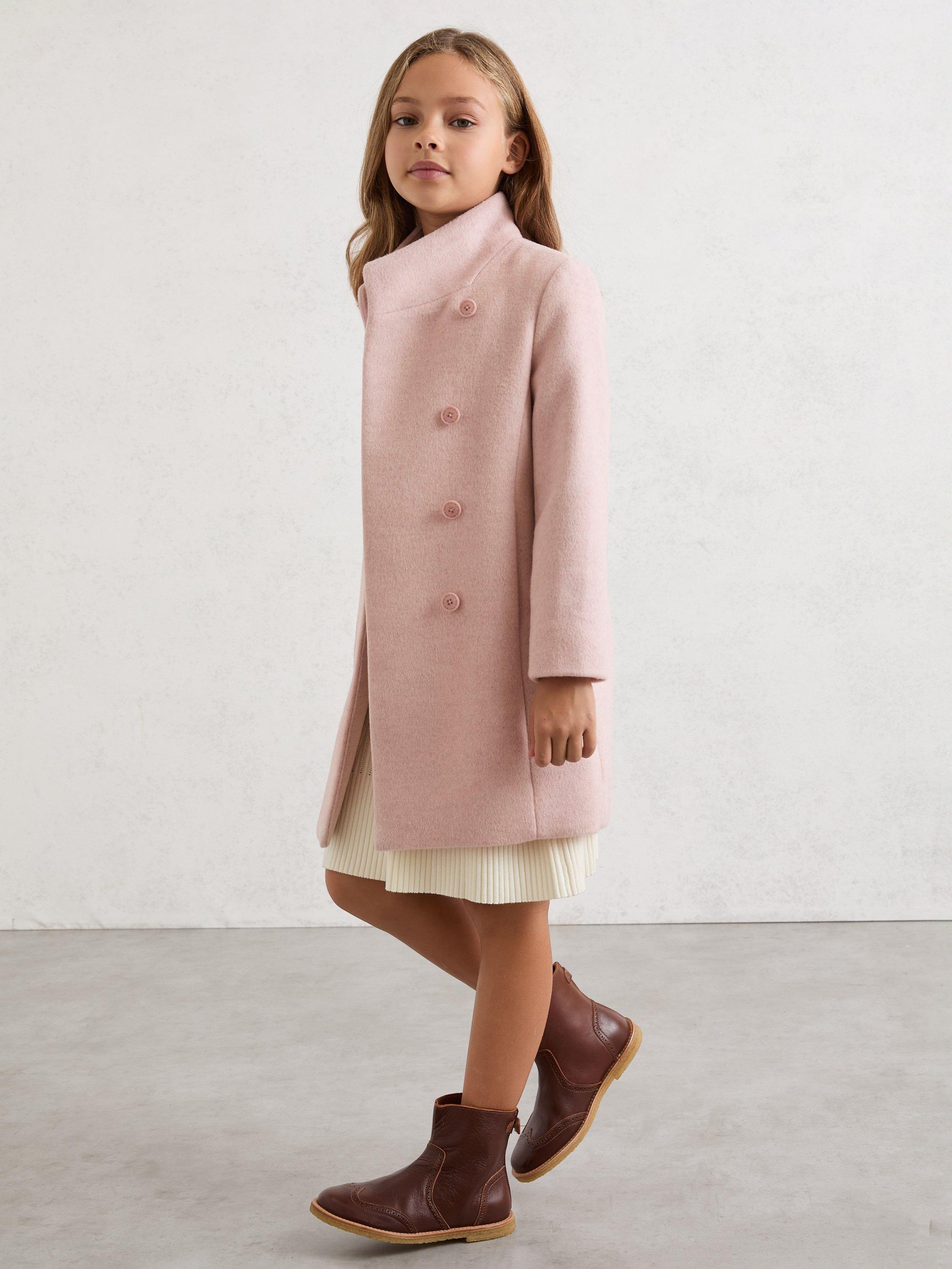 Product image 3 of 4, which shows Reiss Kids' Wool Blend Funnel Neck Coat, Pink, 3-4 years