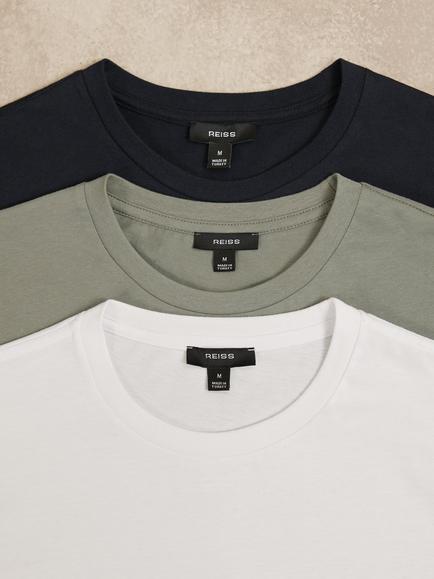 Reiss Bless Cotton Regular Fit Short Sleeve T-Shirt, Pack of 3, White/Navy/Sage, White/Navy/Sage