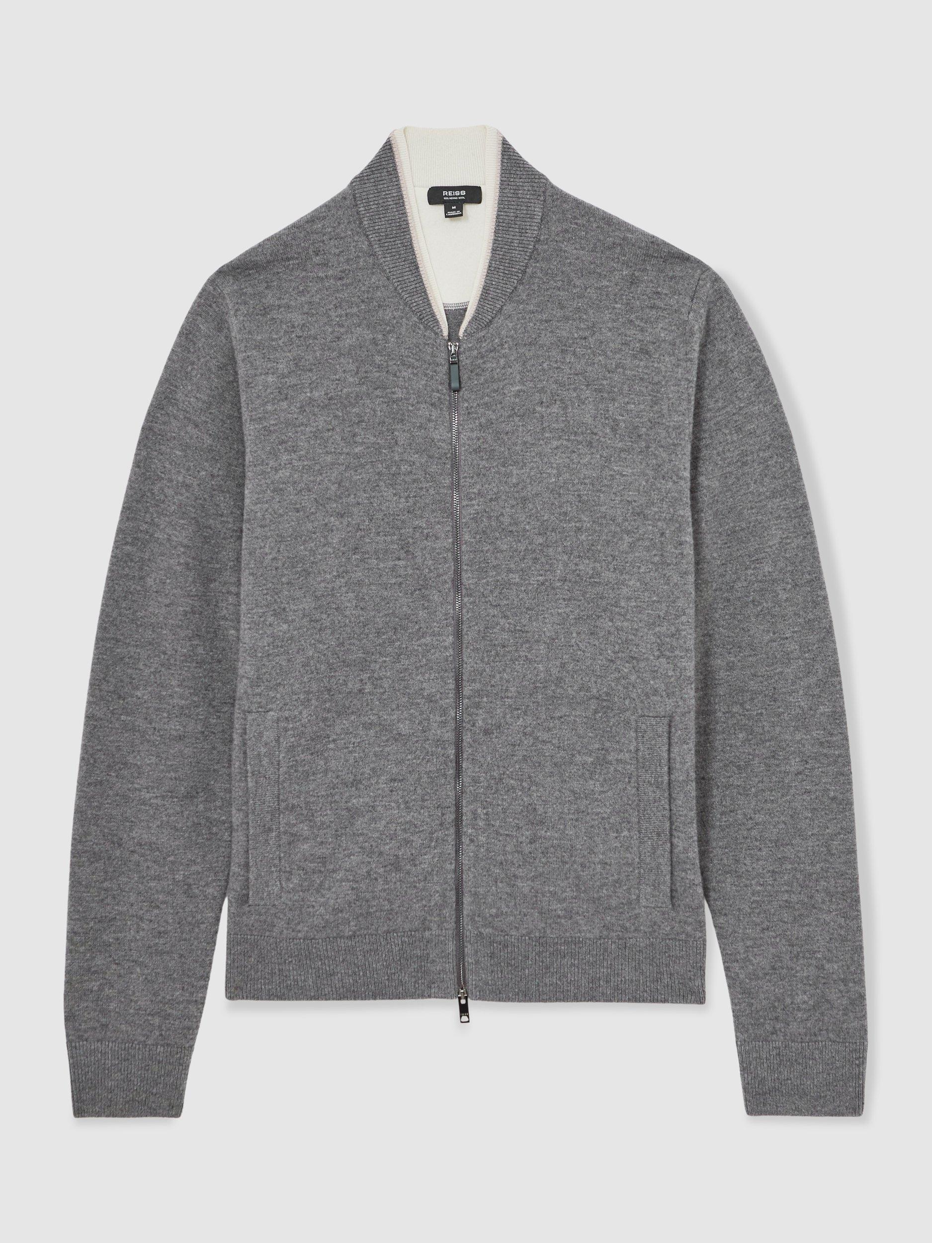 Product image 3 of 5, which shows Reiss Clifford Wool Knit Bomber Jacket, Mid Grey, XS
