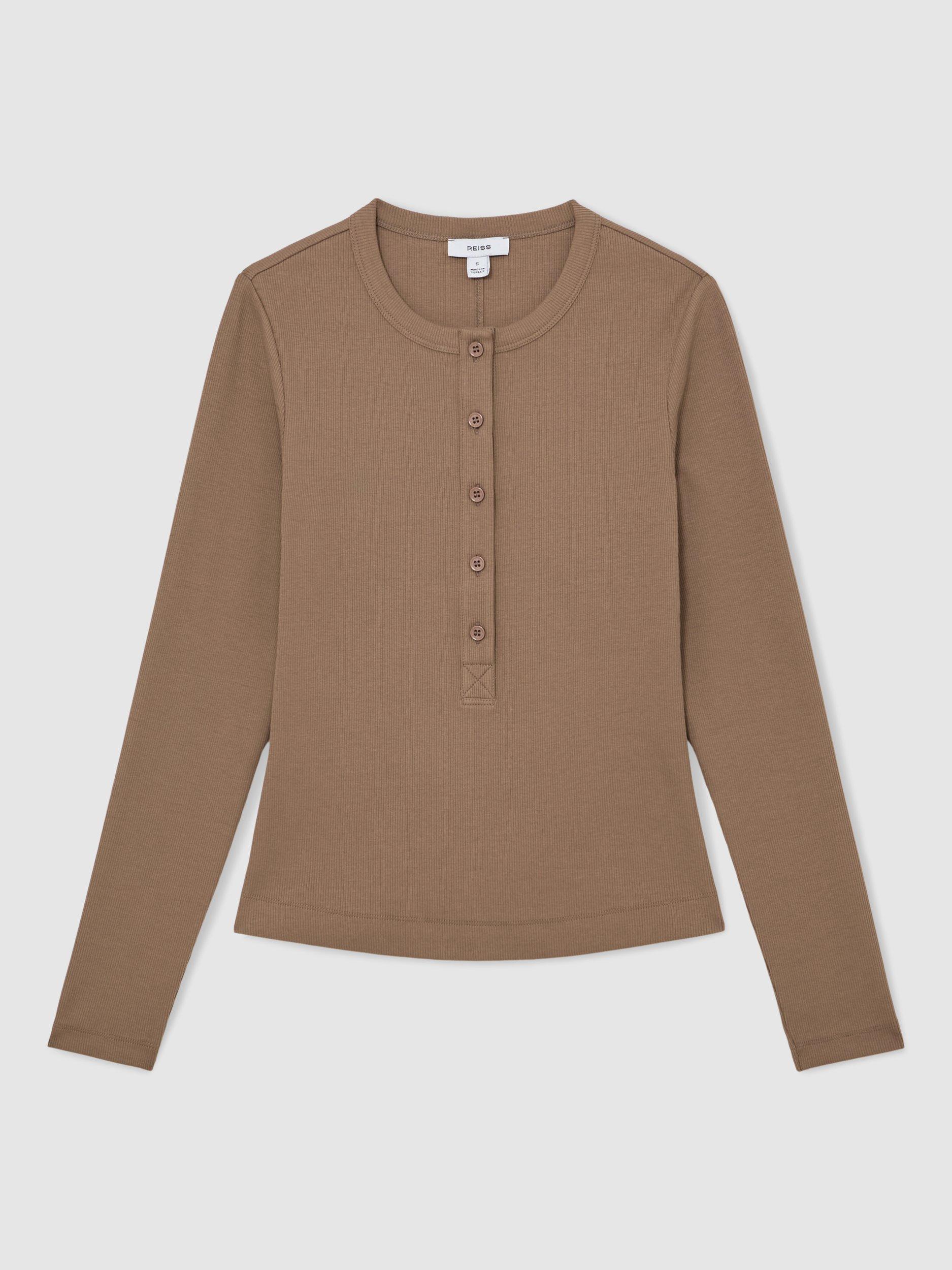 Product image 3 of 5, which shows Reiss Rina Henley Top, Taupe Brown, XS