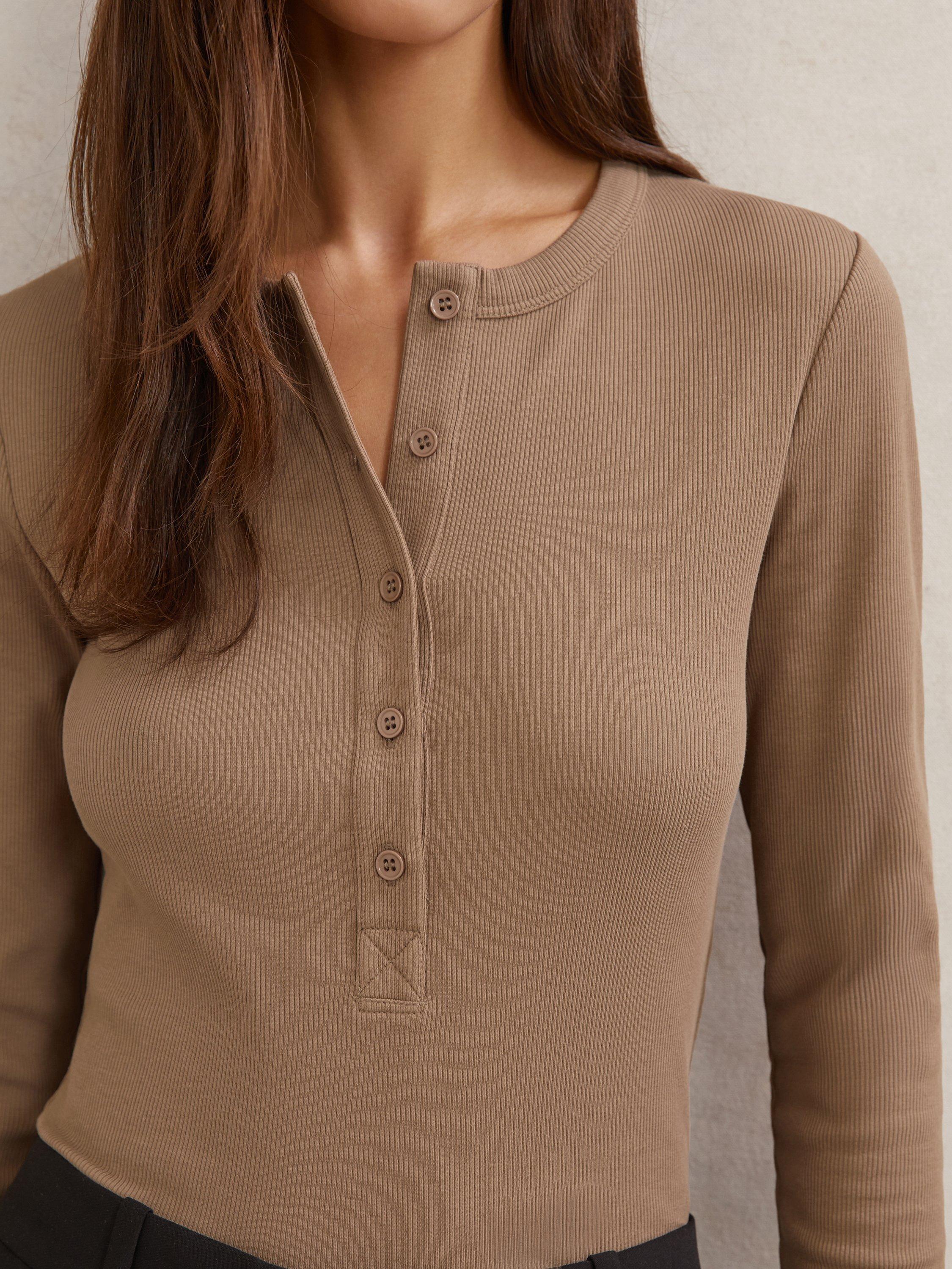 Product image 5 of 5, which shows Reiss Rina Henley Top, Taupe Brown, XS