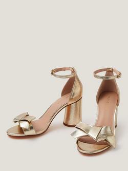 Monsoon Emer Bow Metallic Heeled Shoes, Gold - view 2, Gold