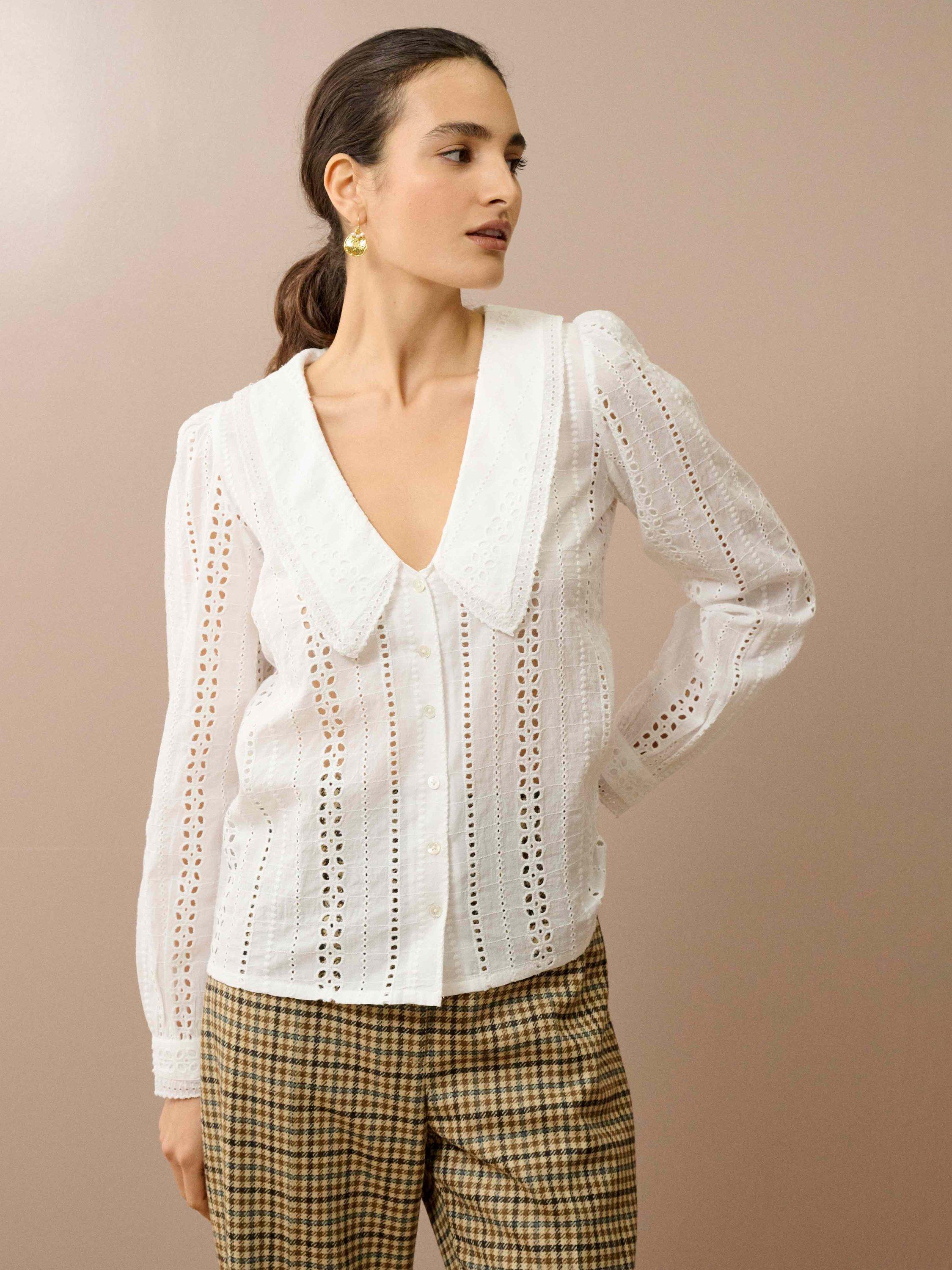 Product image 1 of 5, which shows Brora Broderie Anglaise Chelsea Collar Top, White, 6