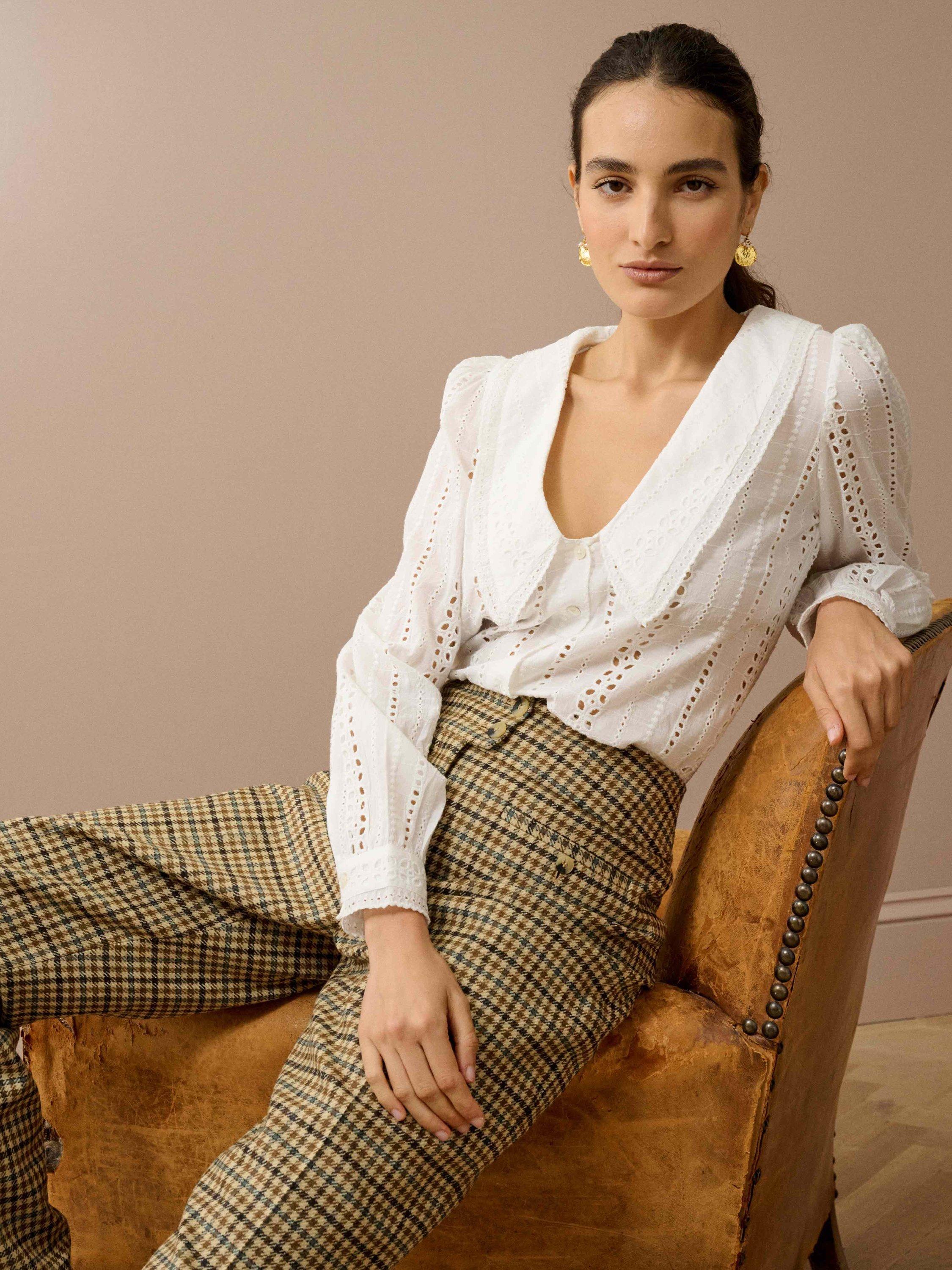 Product image 2 of 5, which shows Brora Broderie Anglaise Chelsea Collar Top, White, 6