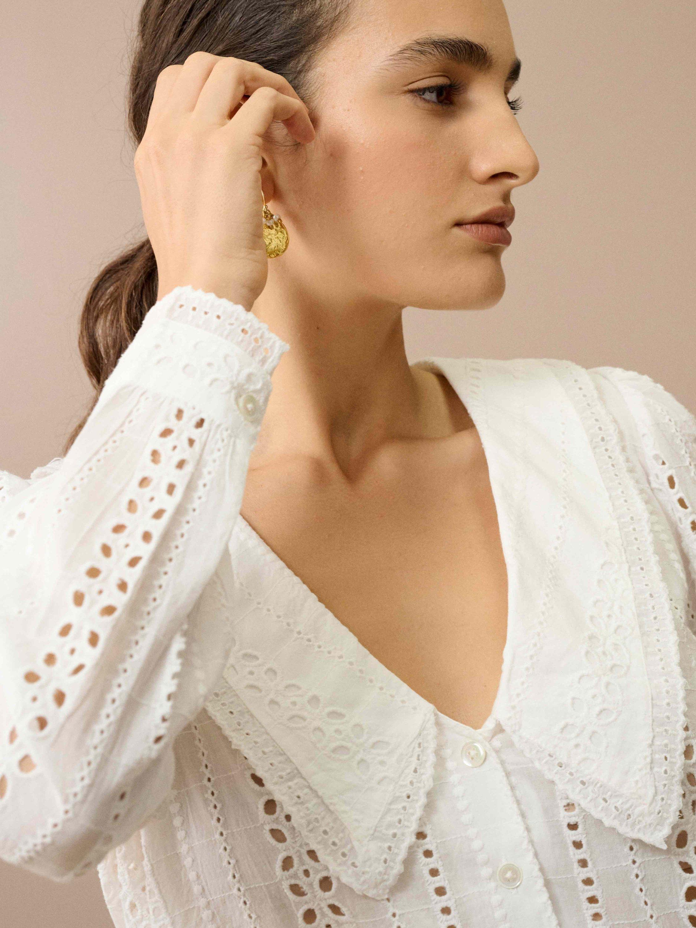 Product image 3 of 5, which shows Brora Broderie Anglaise Chelsea Collar Top, White, 6