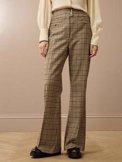 Brora Houndstooth Flared Pure Wool Trousers, Biscuit, Biscuit