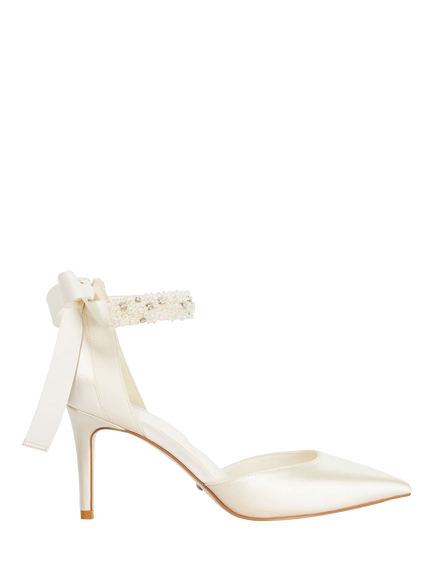 Dune London Corsages Satin Bridal Ankle Tie Court Shoes, Ivory, Ivory